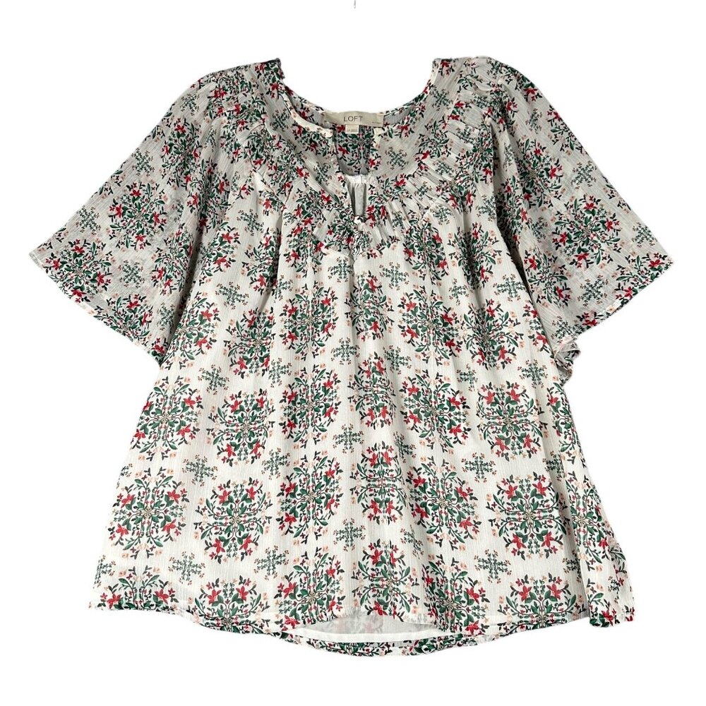 LOFT Womens LP White Split‎ Neck Short Flutter Sleeve Pullover Chiffon Blouse